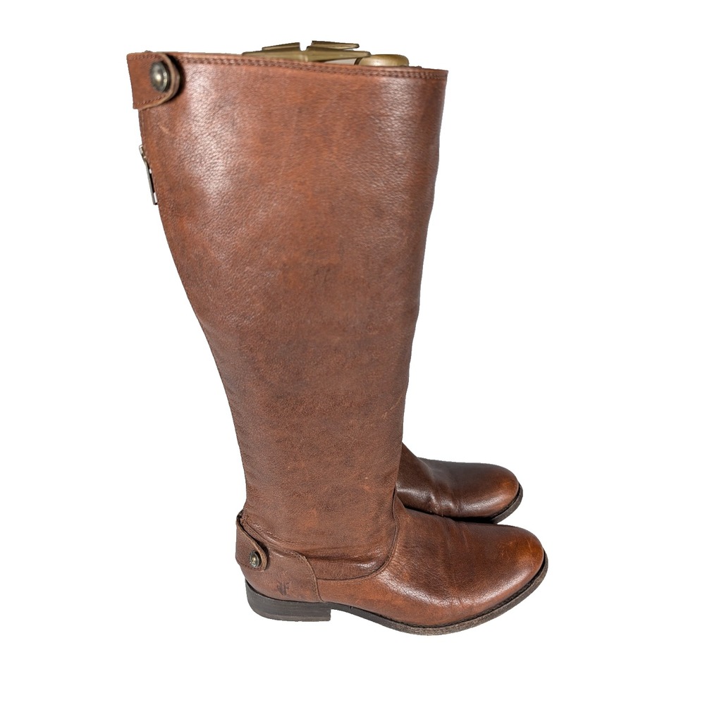 Frye Melissa Button Tall Rear Zip Brown Leather Riding Boots Women's Size 7.5 B
